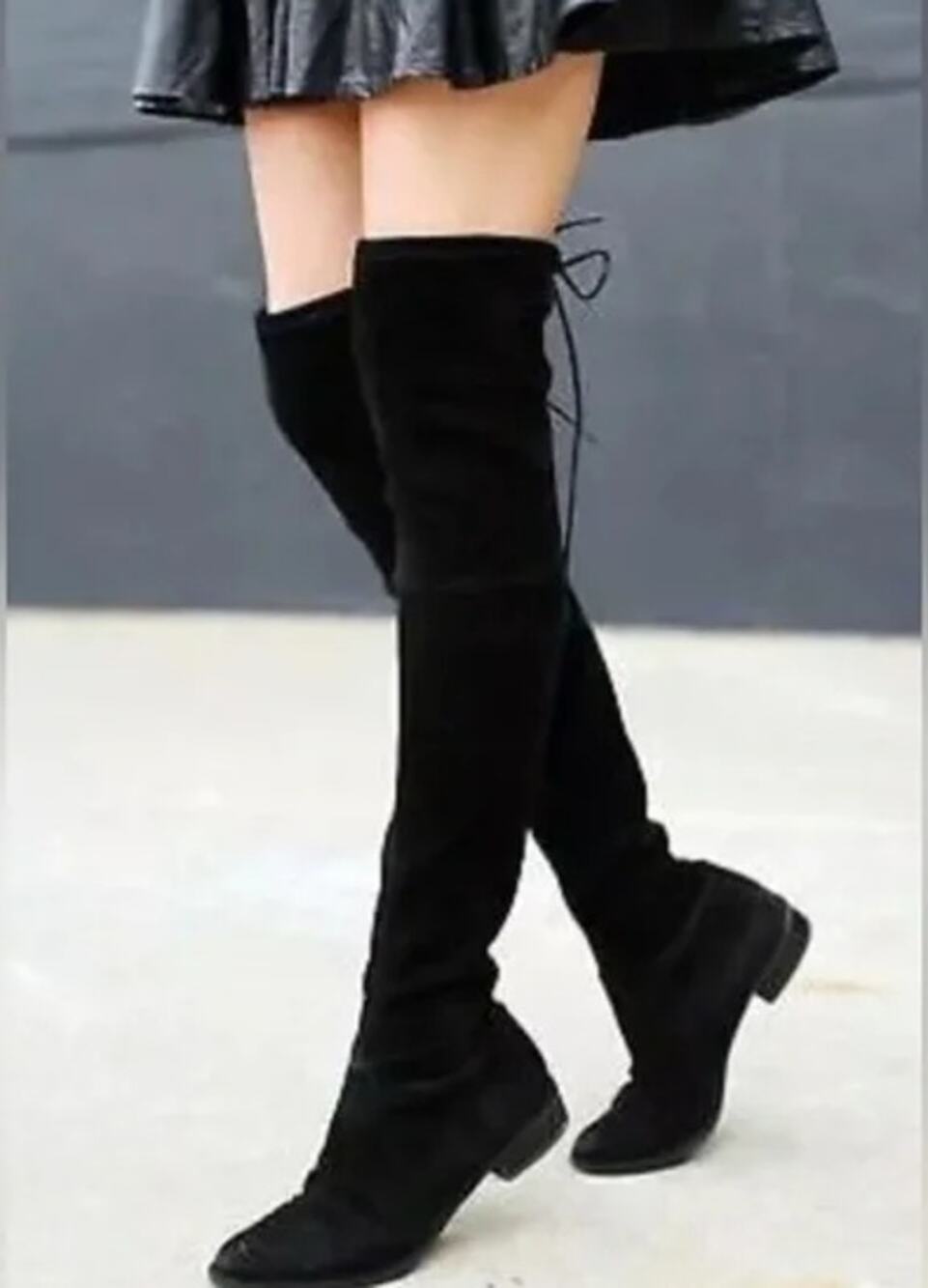 Stuart Weitzman Lowland Boots Over The Knee Thigh High Suede Flat Tie Back Black